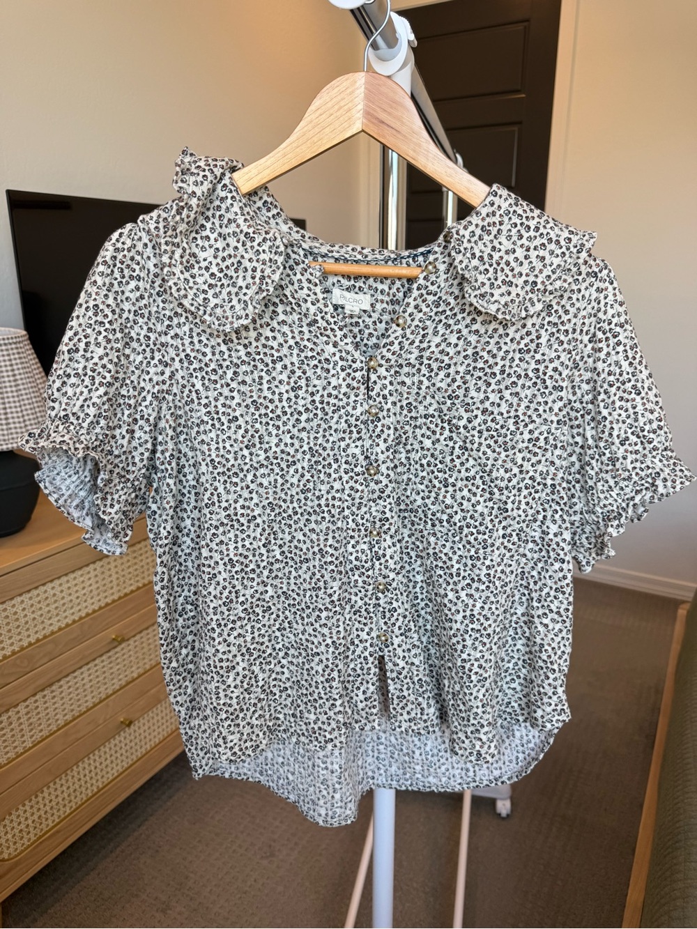Pilcro Ivory Blouse with Black Spot Print and Ruffle Collar
